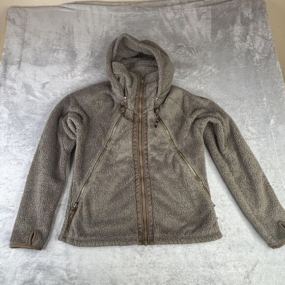 KUHL Flight Jacket Womens Large Brown Sherpa Fleece Hooded Full Zip Thumbholes - Picture 4 of 13